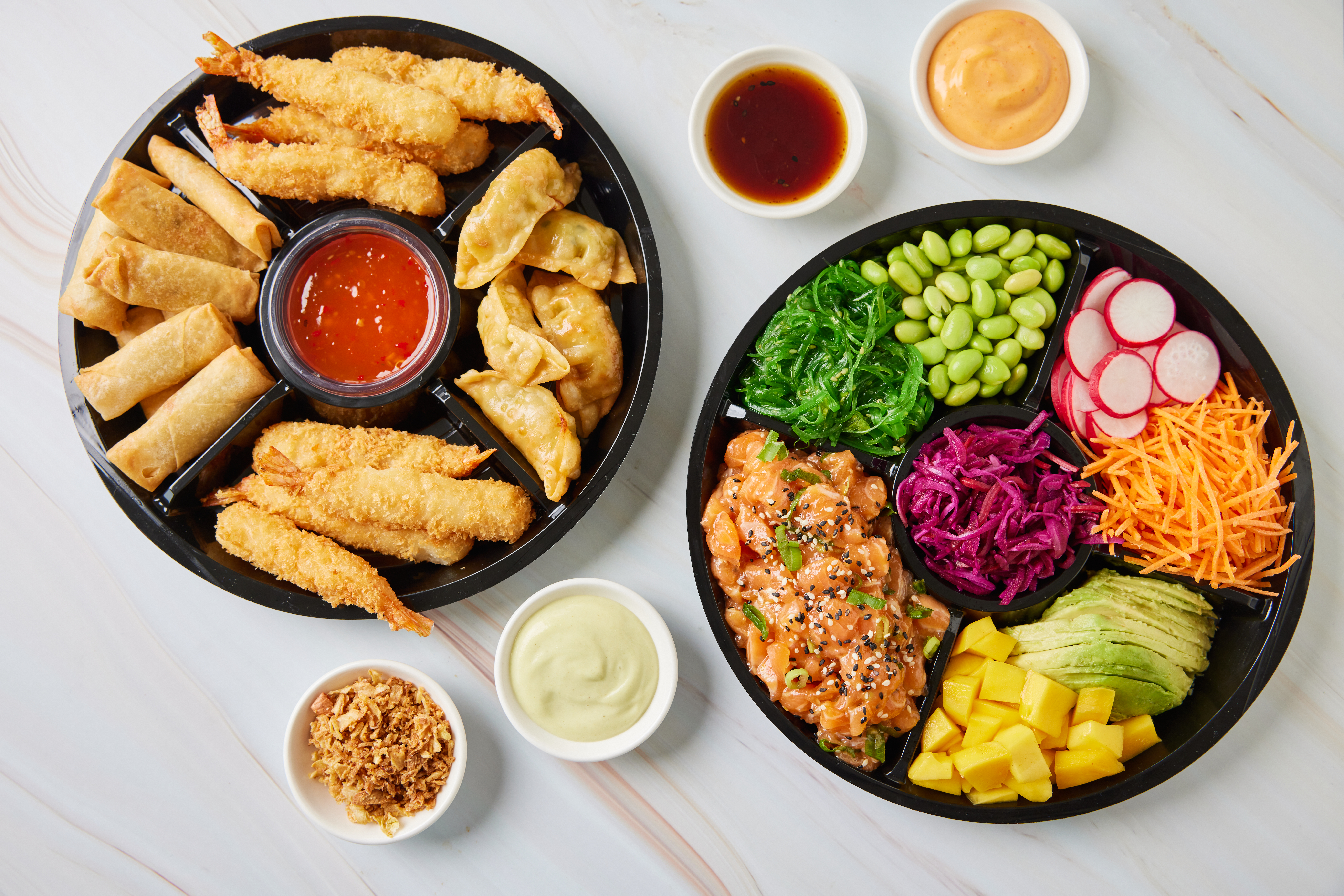 Poké Perfect shared dining - platters in the centre of the table